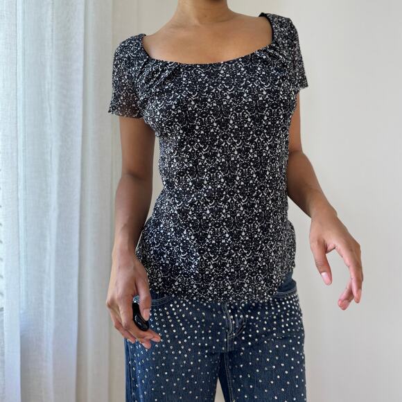 Vintage Black & White Floral Mesh Top by Marella (S/M) - Picture 5 of 10